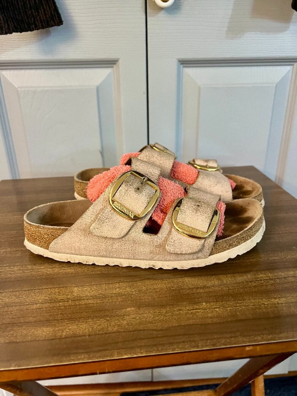 Birkenstock Arizona Two-Strap Cream Gold Sparkle Suede Sandals - 38